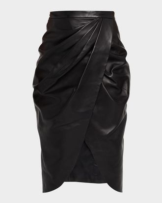 Balmain High-Waist Draped Lambskin Midi Skirt