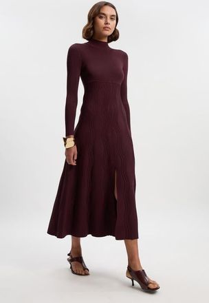 Karen Millen Wave Knit A-Line Long Sleeve Dress in Burgundy at Nordstrom, Size X-Small