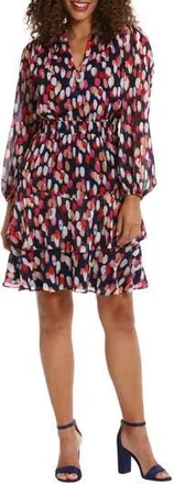 London Times Yuryu Tiered Long Sleeve Dress in Navy/Coral at Nordstrom Rack, Size 10