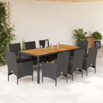 vidaXL Set De Comedor Jard&iacute;n 9 Pzas Con Cojines Rat&aacute;n Pe Acacia Negro Vidaxl