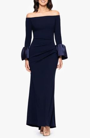 Betsy & Adam Off the Shoulder Long Sleeve Scuba Crepe Gown in Navy at Nordstrom Rack, Size 8