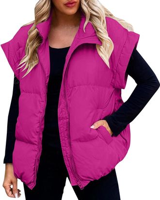 Generic Womens Gilet Jacket UK Ladies Teen Girls Cropped Quilted Zip Up Vest Waistcoat Puffer Padded Winter Wear Bodywarmer Short Coat,Hot Pink,M,u543k