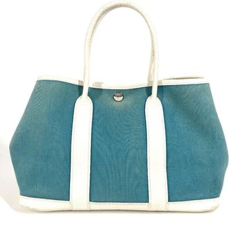 Herm&egrave;s Blue White Toile Officier Handbag Tote Bag (Pre-Owned)
