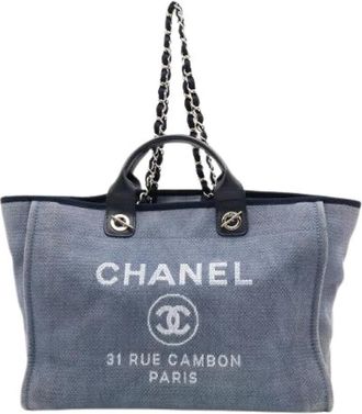 Chanel Pre-owned Deauville Canvas Leather Tote Bag - Dames - Vintage Shopper - Blauw - ONE Size - Leer - Vintage