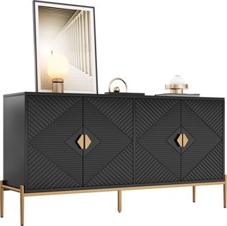 STILVORA Aparador Con 4 Puertas Y Patas De Metal, Relieve Geom&eacute;trico 3d, Estilo Moderno, En Mdf, Negro, 162&times;40&times;80 Cm