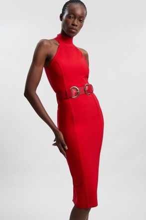 Karen Millen Womens Bandage High Neck Buckle Trim Midi Dress - Red - Size 14 UK