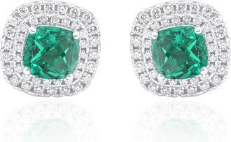 Pompeii3 4Ct Emerald & Lab Grown Diamond Cushion Halo Studs 14k White Gold