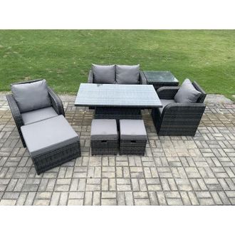 Fimous Wicker pe Rattan Furniture Garden Dining Set Outdoor Height Adjustable Rising lifting Table Love Sofa Chair With Side Table 3 Stools - Fimous