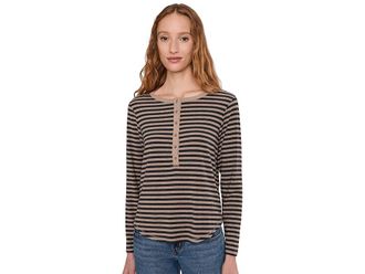 Mod-o-doc Long Sleeve Slim Shirttail Henley Womens Clothing Dark Oat/Charcoal Stripe : LG (US 12-14), Polyester/Rayon/Spandex
