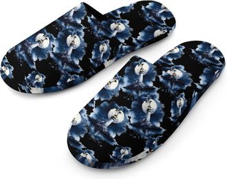 Generic Lighthouse Moon Ocean Flannel Mens Slip-on Slippers Winter Warm House Shoes with Rubber Sole for Home Hotel
