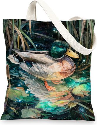 Generic Colorful Duck Canvas Tote Bag, Artistic Reusable Grocery Bags, Lightweight Eco-Friendly Shoulder Straps 13x15 Inch