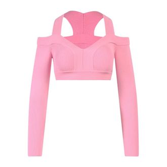 Alexander McQueen Tops, Dames, Roze, XS, Polyester, Geribbelde Viscose Top met Ritssluiting