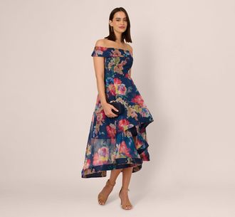 Adrianna Papell Off Shoulder Floral Organza High Low Dress In Navy Multi