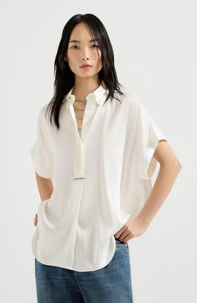 Brunello Cucinelli Silk satin shirt with monili in White at Nordstrom, Size X-Large Eu