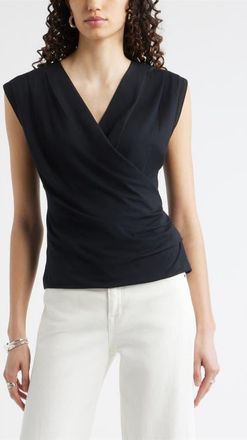 Nordstrom Pleated Faux Wrap Cap Sleeve Top in Black at Nordstrom, Size Xx-Small