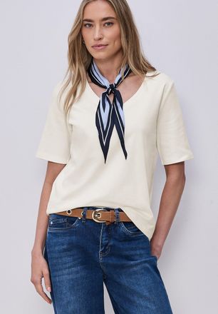 Street One Kurzarmshirt STREET ONE, Damen, Gr. 36, sanftes wei&szlig;, Jersey, Obermaterial: 100% Baumwolle, unifarben, normal h&uuml;ftbedeckend, V-Ausschnitt, abgesteppte