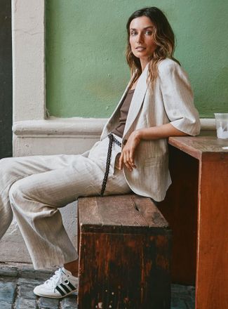 Contemporaine Womens Sand-coloured pinstripe linen blazer