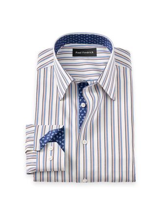 Paul Fredrick Non-iron Cotton Stripe Dress Shirt With Contrast Trim
