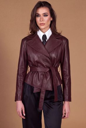 D'Arienzo Giacca kimono in pelle bordeaux con cintura e passanti DArienzo, Seleziona Taglia Unica, Colore Bordeaux