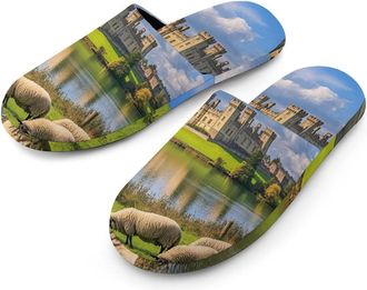 Generic Sheep Hever Castle Mens Slippers Flannel Warm House Shoes with Rubber Anti-Slip Sole Slip On for Home Outdoor