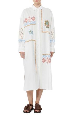 Max Mara Embroidered Detail Long Sleeve Cotton Shirtdress in White at Nordstrom, Size 12
