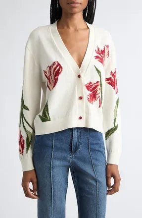 Alice & Olivia Bradley Intarsia Floral Cotton Blend Cardigan in Soft White Multi at Nordstrom, Size X-Large
