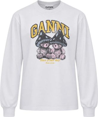Ganni Mushroom Teddy Long-sleeve T-shirt - Dames - Longsleeves - Wit - S - Katoen - Tops