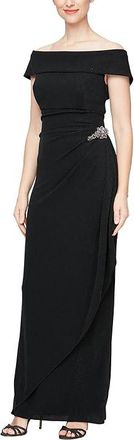 Alex Evenings Long Metallic Knit Off-the-Shoulder Dress w/Hip Embellishment Womens Dress Black : 10, Nylon/Spandex