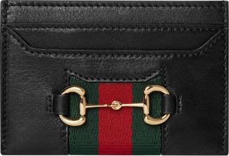 Gucci Womens Horsebit Web Card Holder Black Leather Wallets & Purses