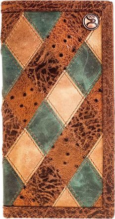 Hooey Mens Roughy Ostrich Print Leather Diamond Patchwork Rodeo Wallet In Ouray - Brown & Turquoise