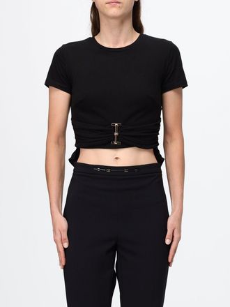 Elisabetta Franchi T-shirt cropped in cotone con placca logo metallica
