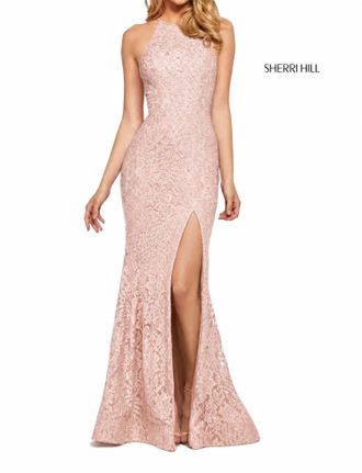 Sherri Hill Lace Halter Gown High Slit Rhinestone Dress In Blush