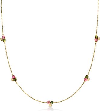 Ross-Simons Pink and Green Tourmaline Station Necklace With Opals in 10kt Yellow Gold