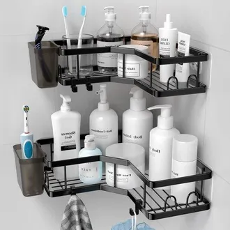 OEM Mensola Angolare Autoadesiva Per La Doccia, Per Organizzare Il Bagno, In Acciaio Inox, 2 Pezzi, Nera, Con 4 Ganci E Porta Dentifricio