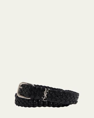 Saint Laurent Mens Cassandre YSL Woven Leather Belt