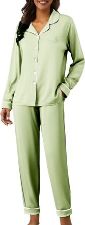Generic Womens Pyjamas Set, V Neck Button Front Pyjamas, Soft Stretch Sleepwear with Elastic Waist Trousers, Womens Comfy Nightwear Light Green