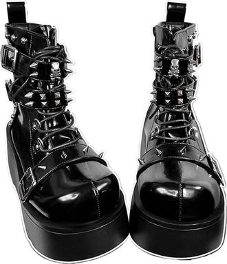 Generic Women Punk Boots PU Leather Rivet Buckle Design Shoes Cool Retro Chunky Wedges Platform Boots Lace Up Casual Outdoor Shoes(5.5 UK)