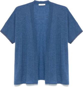 Le Tricot Perugia Blauwe Open-Front Cardigan met Korte Mouwen - Dames - Cashmere truien - Blauw - 3XL - Polyester - Truien & Vesten