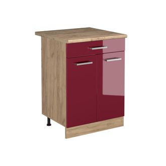 Vicco Mueble Bajo De Cocina R-line, Rojo De Alto Brillo/roble Dorado, 60 Cm Con Caj&oacute;n Encimera Roble Dorado, Vicco