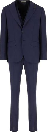 Corneliani Driedelig pak met krijtstreep en enkele rij knopen - Blauw