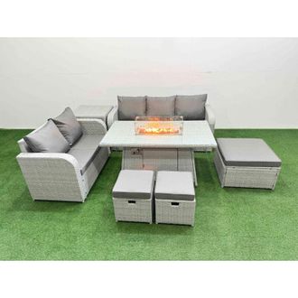 Fimous 8 Seater pe Rattan Wicker Garden Furniture Patio Conservatory Sofa Set with Firepit Dining Table 3 Seater Sofa Love Sofa 3 Stool 2 Side Table - Fimous