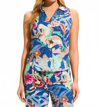 FDJ Perrine Printed Eyelet Sleeveless Shirt In Pop Camo Floral