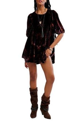 Free People Maye Print Puff Sleeve Velvet Tunic Top in Dark Black Combo at Nordstrom Rack, Size Medium