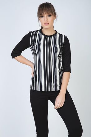 Móveis Conquista Womens Striped Top with Black Elbow Sleeves and Round Neckline by Fashion Viscose - Size EU 38 (Womens)