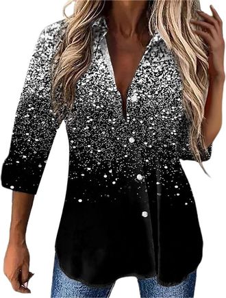 Generic Sequin Tops for Women UK, Glitter Tops for Women UK: Sequin Top Glittery Christmas Blouse Xmas Blouses 3/4 Sleeve Shirts Elegant T-Shirt Casual Shimme