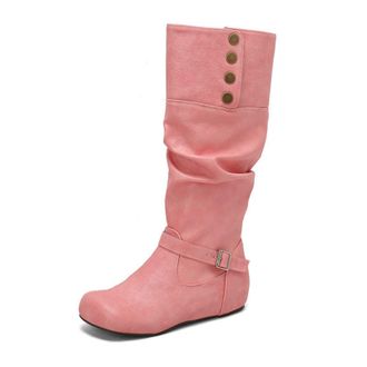 Generic Womens Round Toe PU Leather Knee High Boot Wedge Heel Long Boots with Buckle Pull on Retro Tall Boots,Pink,10.5 UK