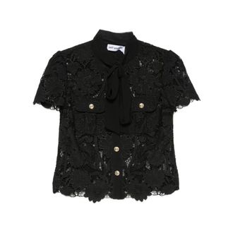 Self Portrait Blouses, female, Black, Size: 2XS Guipure Lace Bow-Collar Top