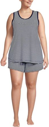 Lands End Cooling 3 Piece Pajama Set - Robe Tank and Shorts in Deep Sea Navy Mini Stripe at Nordstrom, Size 1X