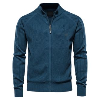 Generic Mens Full Zip Cardigan Casual Knitted Long Sleeve Slim Fit Sweaters Fall Classic Stand Collar Workout Sportswear Top (Dark Blue,Medium)