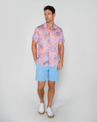 Lords of Harlech Uomo Springtime Short Sleeve Fine Linen Shirt in Springtime Pink at Nordstrom, Size Xx-Large